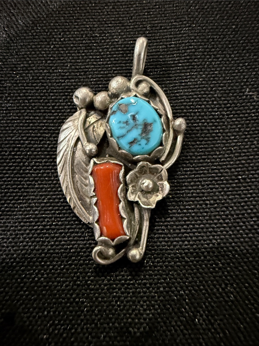 Navajo Sterling Silver Turquoise & Coral Floral Pendant